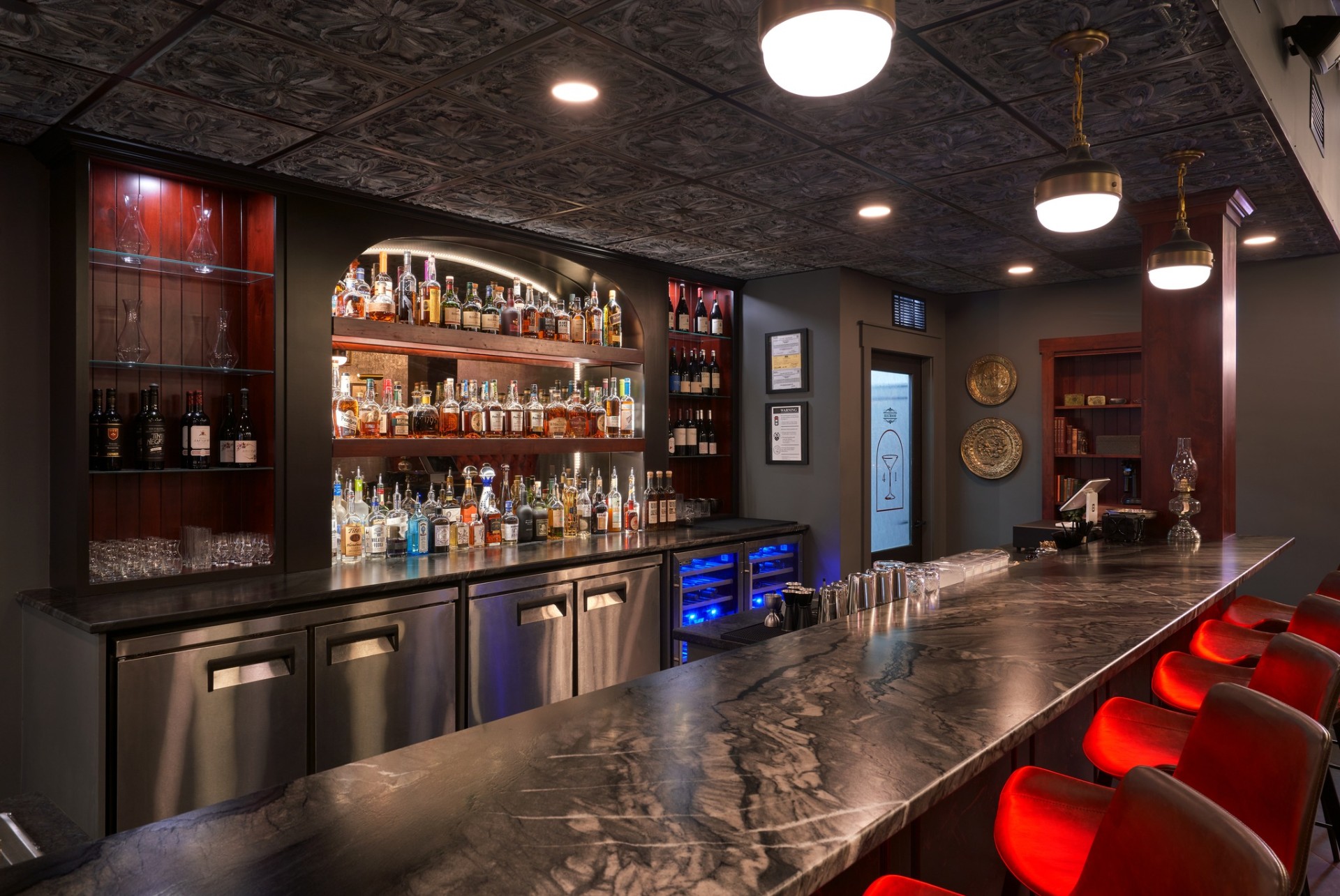 Rouge 41 — back-bar pendants & under-bar LED